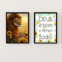 Kit 2 Quadros Leão Girassóis Deus É Bom 24x18cm - com vidro