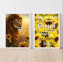 Kit 2 Quadros Leão Girassol 24x18cm - Madeira Branca
