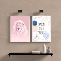 Kit 2 Quadros Leão Rosa Imagine Deseje Conquiste 33x24cm