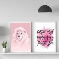 Kit 2 Quadros Leão Rosa Positive Vibes 24x18cm - Com Vidro