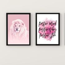 Kit 2 Quadros Leão Rosa PositiveVibes 33x24cm - com vidro