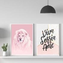 Kit 2 Quadros Leão Rosa Viva SorriaAme 33x24cm - com vidro