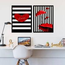 Kit 2 Quadros Love Listras Preto E Vermelho 45X34Cm Preta