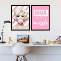 Kit 2 Quadros Marilyn Diva Rosa 33X24Cm Moldura Preta