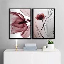 Kit 2 Quadros Modernos Florais Cinza E Bordô 33X24Cm