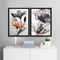 Kit 2 Quadros Modernos Florais Cinza e Laranja 33x24cm - com vidro