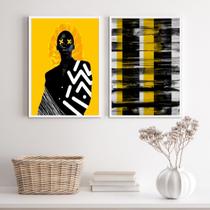 Kit 2 Quadros Modernos Preto E Amarelo MulherAbstrato 24x18cm - com vidro