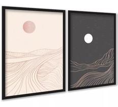 Kit 2 Quadros Montanhas Rosa Cinza Abstrato 33x24cm - com vidro