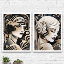 Kit 2 Quadros Mulheres Art Deco 45x34cm - Madeira Branca