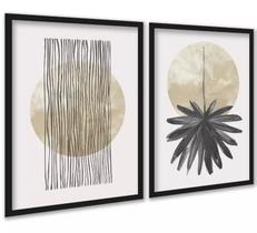 Kit 2 Quadros Neutros Bege Linhas Folha Aquarela 24x18cm - com vidro