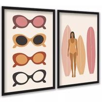 Kit 2 Quadros Óculos de Sol e Prancha De Surf 24x18cm - com vidro