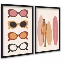 Kit 2 Quadros Óculos De Sol E Prancha Surf 33X24Cm - Vidro