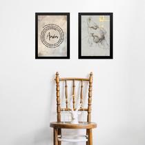 Kit 2 Quadros Oração Pai Nosso - Jesus Mármore 24x18cm - com vidro