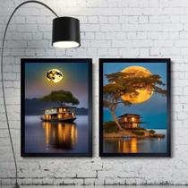 Kit 2 Quadros Paisagens Lua Rio Com Barcos 45X34Cm - Vidro