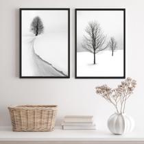 Kit 2 quadros paisagens neve árvores 24x18cm - vidro e moldura preta