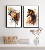 Kit 2 Quadros Para Fazenda Boi E Cavalo Aquarela 24x18cm