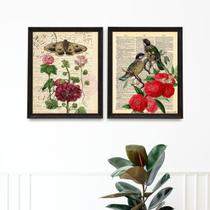Kit 2 Quadros Para Varanda Pássaro Borboletas e Flores 33x24cm Kit 2 Quadros Para Varanda Pássaro Borboletas e Flores 33x24cm