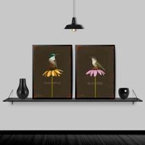 Kit 2 Quadros Passarinho- Thankful e Blessed 33x24cm - com vidro