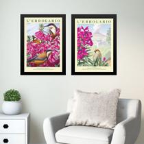 Kit 2 Quadros Passarinhos Com Flores Rosas 45x34cm
