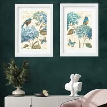 Kit 2 Quadros Passarinhos Hortências - 60x48cm