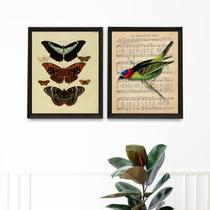 Kit 2 Quadros Pássaro e Borboletas Vintage 33x24cm Kit 2 Quadros Pássaro e Borboletas Vintage 33x24cm
