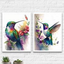 Kit 2 Quadros Pássaros Beija-Flor Aquarela 45x34cm