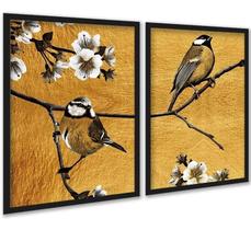 Kit 2 Quadros Pássaros Dourados Flores Cerejeira 24x18cm