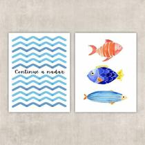 Kit 2 Quadros Peixes Nadar 45x34cm - Madeira
