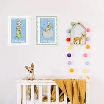 Kit 2 Quadros Pequeno Príncipe Azul - Selos 45x34cm - com vidro