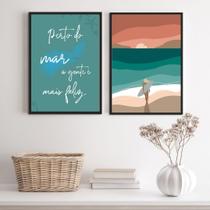 Kit 2 Quadros Perto Do Mar A Gente É Mais Feliz 33x24cm - com vidro