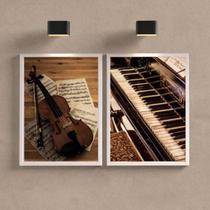 Kit 2 Quadros Piano E Violino 45X34 Com Vidro Moldura Branca - Quadros On-Line