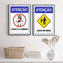 Kit 2 Quadros Placas Cristãs - Atenção 24X18Cm - Com Vidro