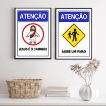 Kit 2 Quadros Placas Cristãs - Atenção 45X34Cm - Com Vidro