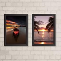 Kit 2 Quadros Por do Sol Canoa 45x34cm - Vidro