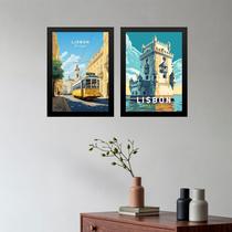 Kit 2 Quadros Posters Lisboa - Portugal 24x18cm - com vidro