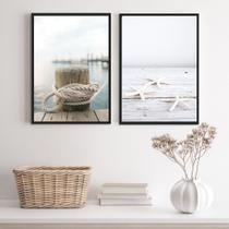 Kit 2 Quadros Praia Branco- Corda E Estrela Do Mar 45x34cm - com vidro