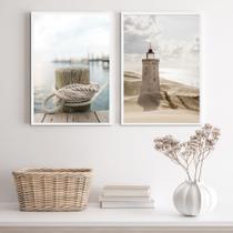 Kit 2 Quadros Praia Branco- Corda E Farol 33x24cm - com vidro Kit 2 Quadros Praia Branco- Corda E Farol 33x24cm - com vidro