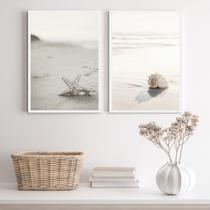 Kit 2 Quadros Praia Branco E Bege- Concha E Estrela 33x24cm