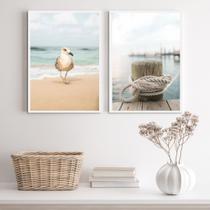 Kit 2 Quadros Praia Branco E Bege- Gaivota Cais 33x24cm - com vidro