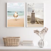 Kit 2 Quadros Praia Branco E Bege- Gaivota Farol 33x24cm