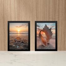 Kit 2 Quadros Praia - Conchas Pérolas Por do Sol 45x34cm