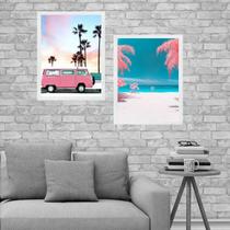 Kit 2 Quadros Praia Kombi Rosa 45x34cm - com vidro