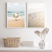 Kit 2 Quadros Praia Neutro- Gaivotas 33x24cm - com vidro
