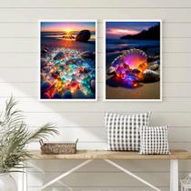 Kit 2 Quadros Praia Pedras Coloridas Iluminadas 45x34cm - com vidro