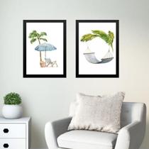 Kit 2 Quadros Praia Relax - Aquarela 33X24Cm - Com Vidro