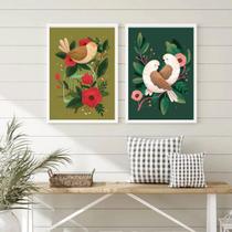 Kit 2 Quadros Retrô Vintage Passarinhos 33x24cm - com vidro