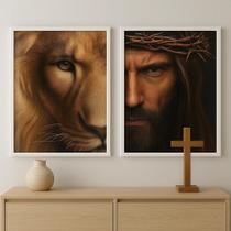 Kit 2 Quadros Rosto De Jesus Cristo E Leão 24X18Cm - Vidro Kit 2 Quadros Rosto De Jesus Cristo E Leão 24X18Cm - Vidro
