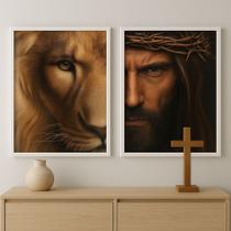 Kit 2 Quadros Rosto de Jesus Cristo e Leão 33x24cm Kit 2 Quadros Rosto de Jesus Cristo e Leão 33x24cm