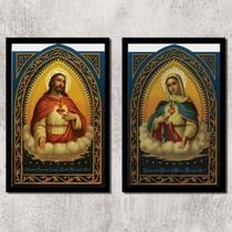 Kit 2 Quadros Sacros Coração De Jesus E Maria 33x24cm Preta