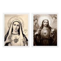 Kit 2 Quadros Sagrado Coração De Jesus E Maria Sépia 24x18cm - Quadros On-line